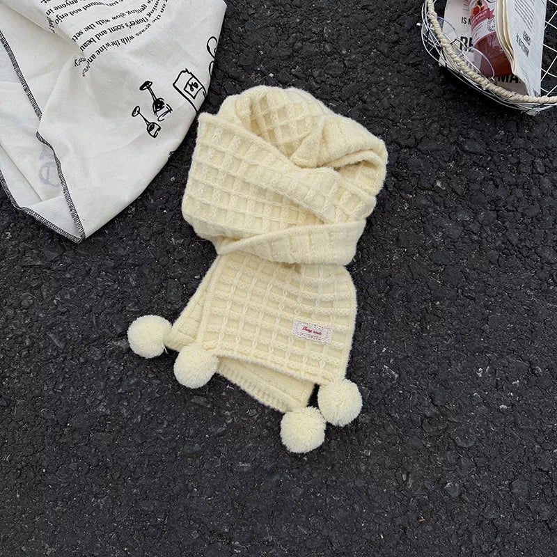 Soft Waffle Knit Pom-Pom Scarf with Label Patch