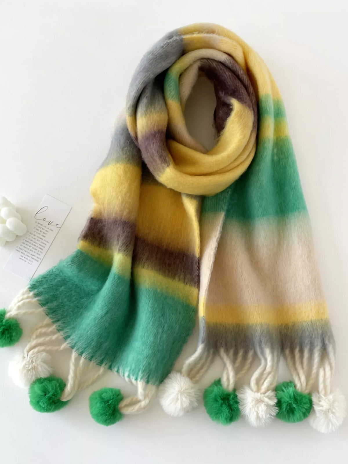 Rainbow Striped Fuzzy Pom Pom Scarf