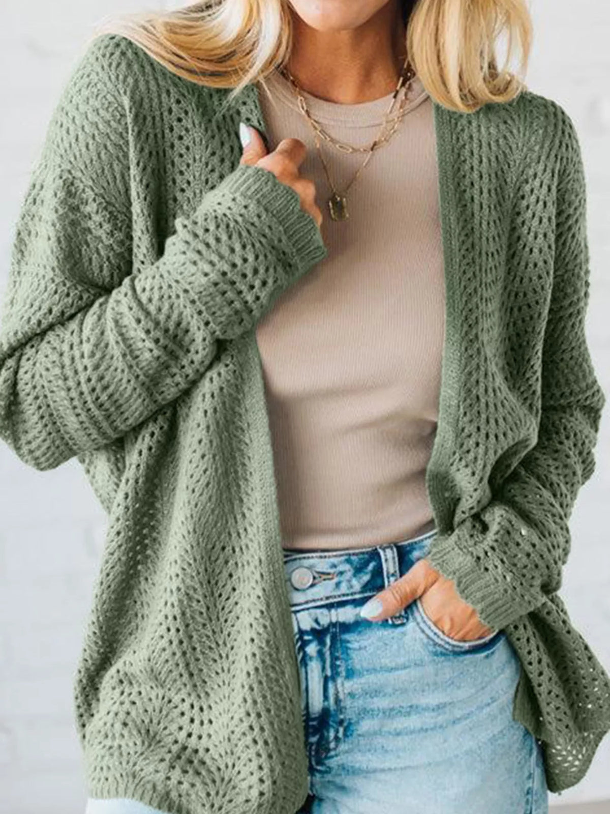 Scalloped Edge Eyelet Knit Batwing Cardigan