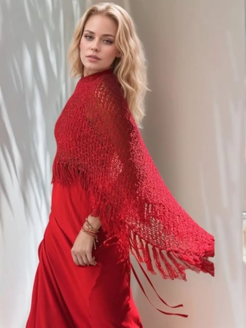 Tassel Boat Neck Knit Shawl