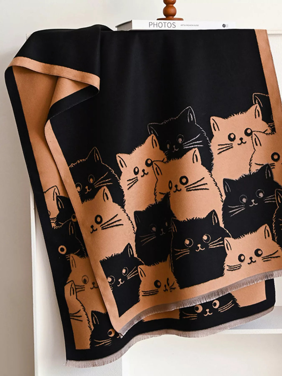 Cute Cat Pattern Knitted Wide Scarf with Contrast Border