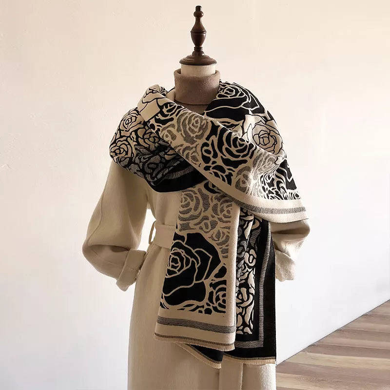 Rose Pattern Raw Hem Scarf