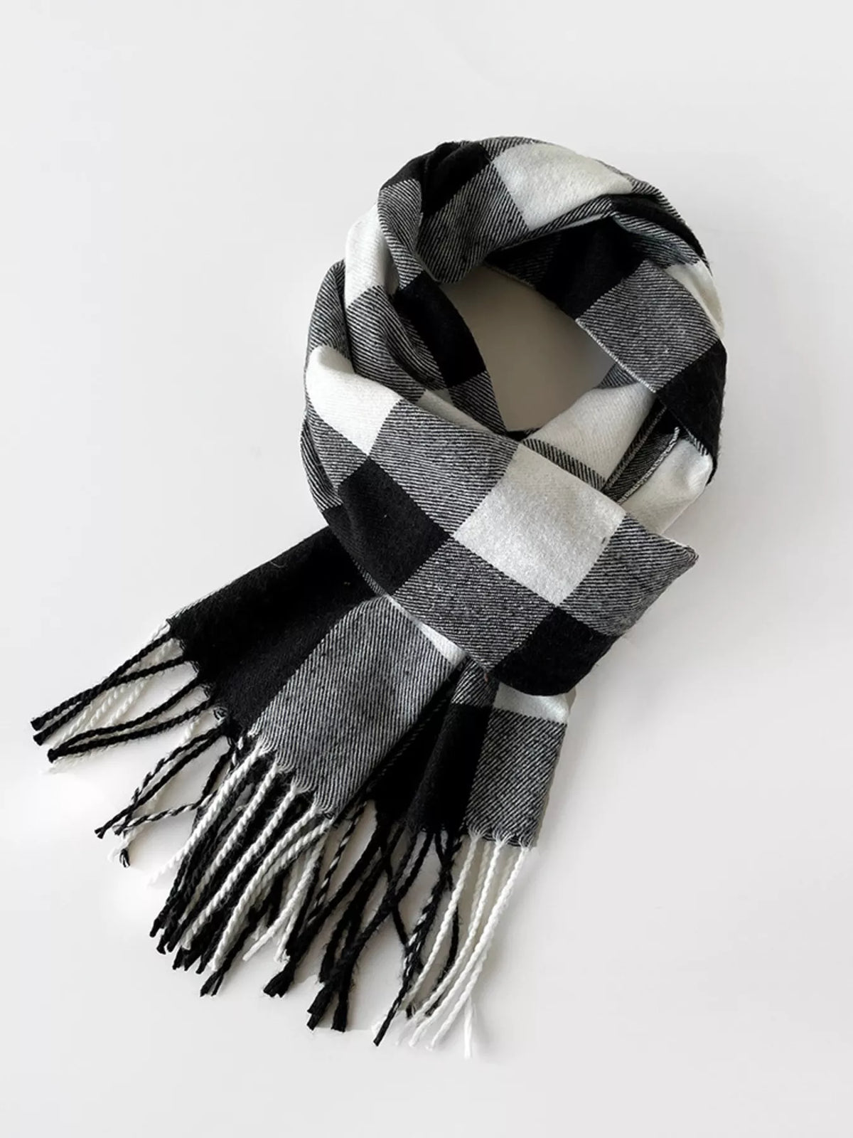 Classic Black Buffalo Check Plaid Fringe Scarf