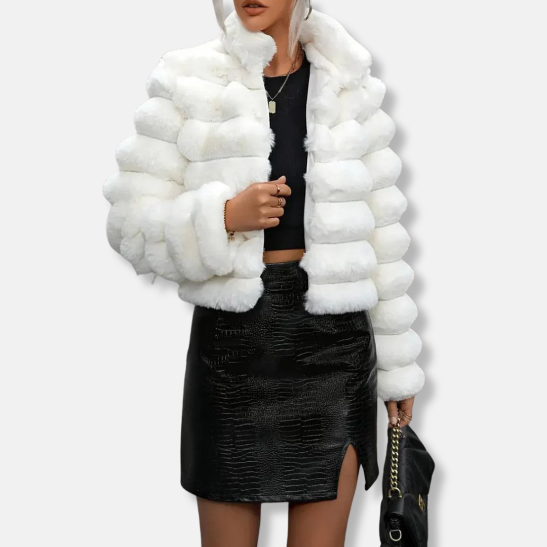 Luxurious Short Faux Fur Coat | High Collar, Long Sleeve
