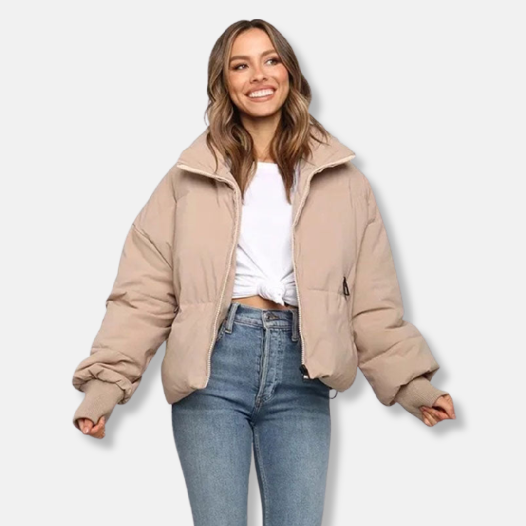 Warm Women's Short Puffer Coat with Ribbed Cuffs