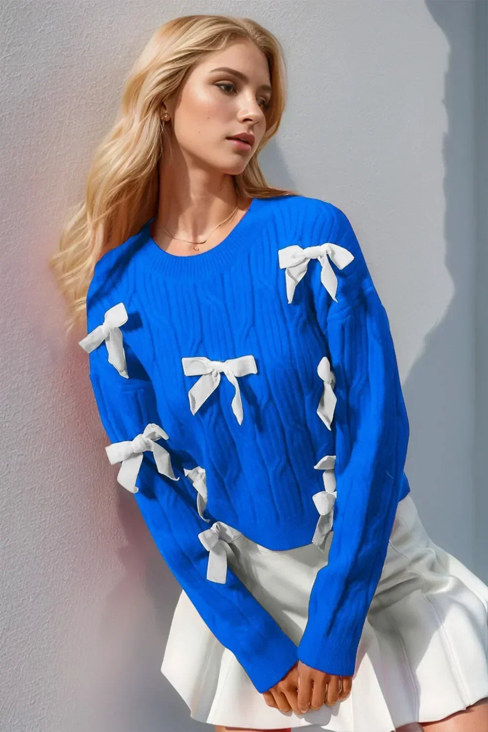 Bow Cable Knit Round Neck Sweater