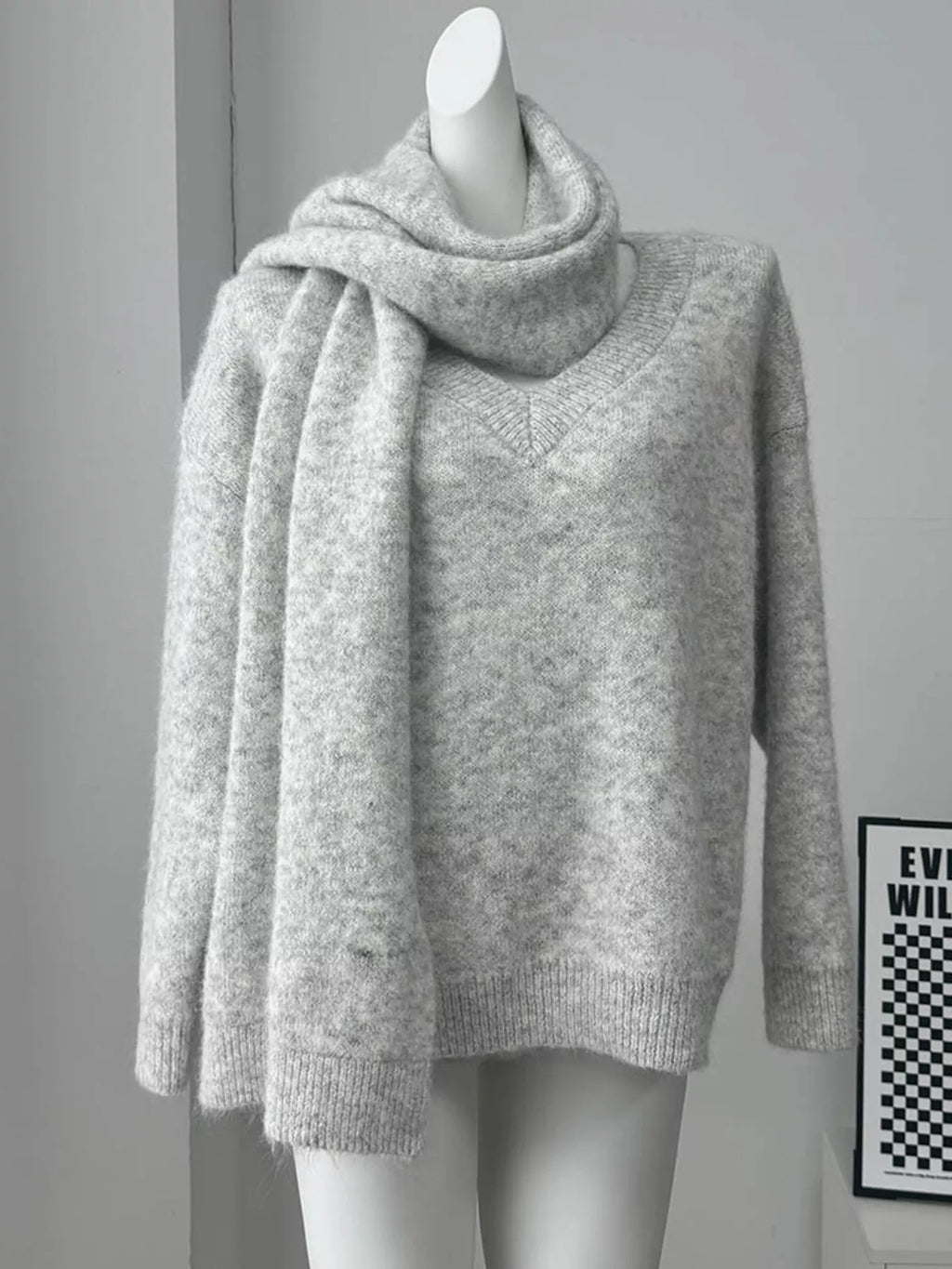 Oversized V Neck Dropped Shoulder Sweater with Scarf