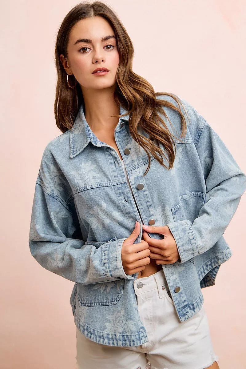 Floral Print Washed Denim Jacket