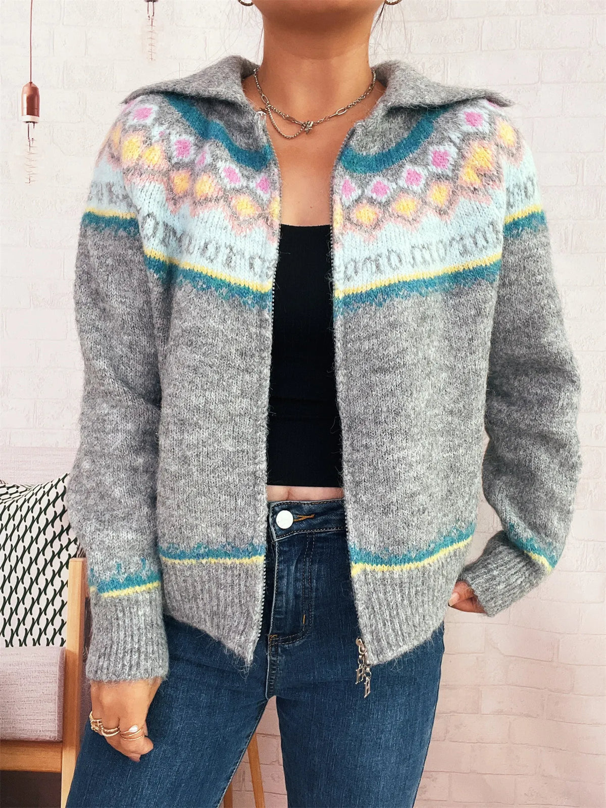 Fair Isle Zip Up Cardigan