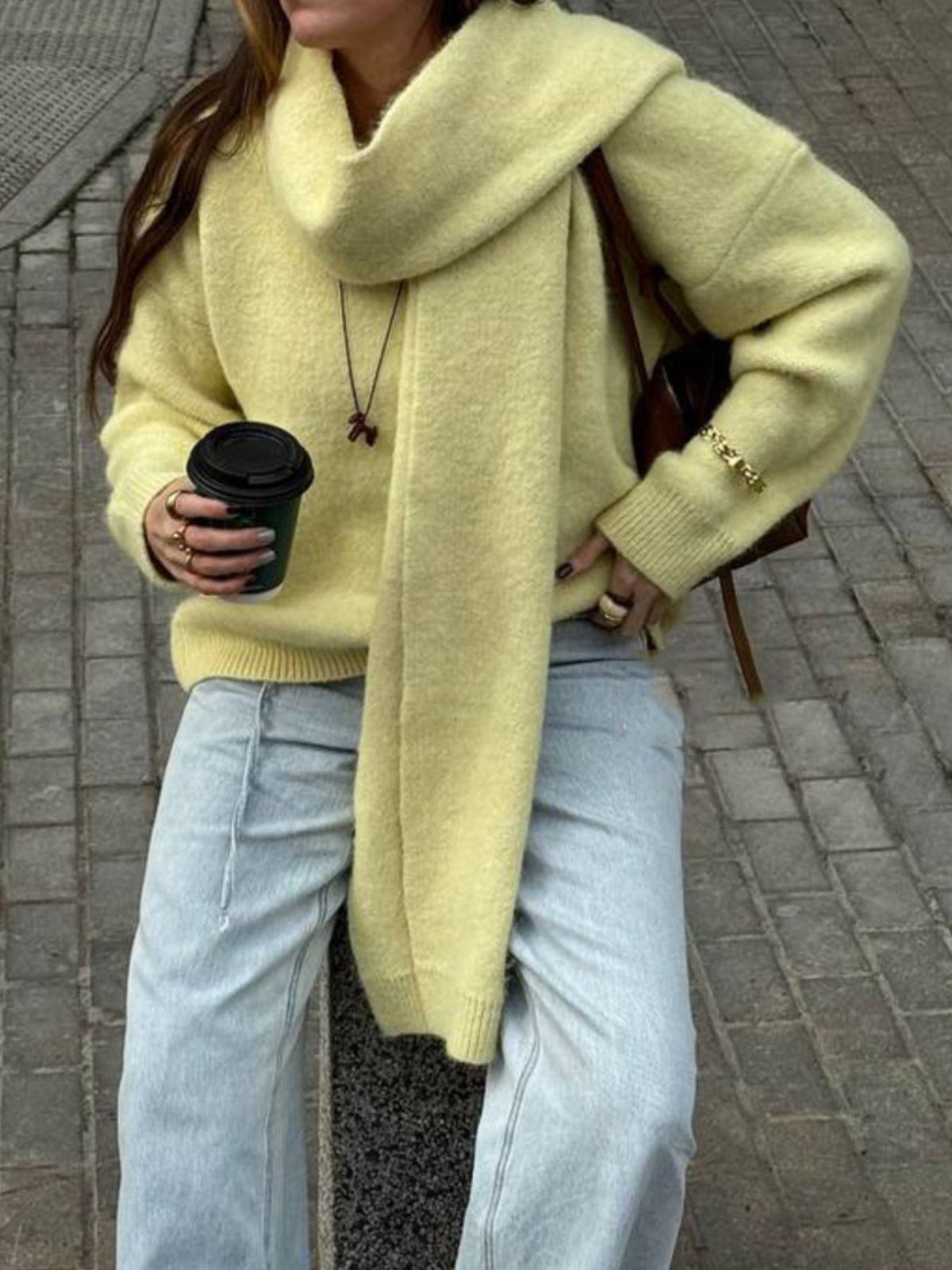 Oversized V Neck Dropped Shoulder Sweater with Scarf
