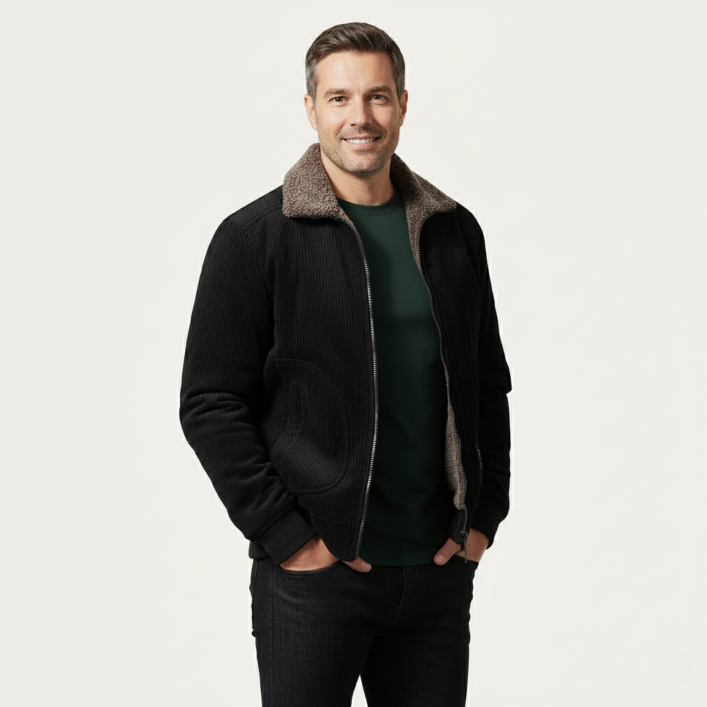Warm Men's Quilted Fleece Jacket with Fur Trim Coat
