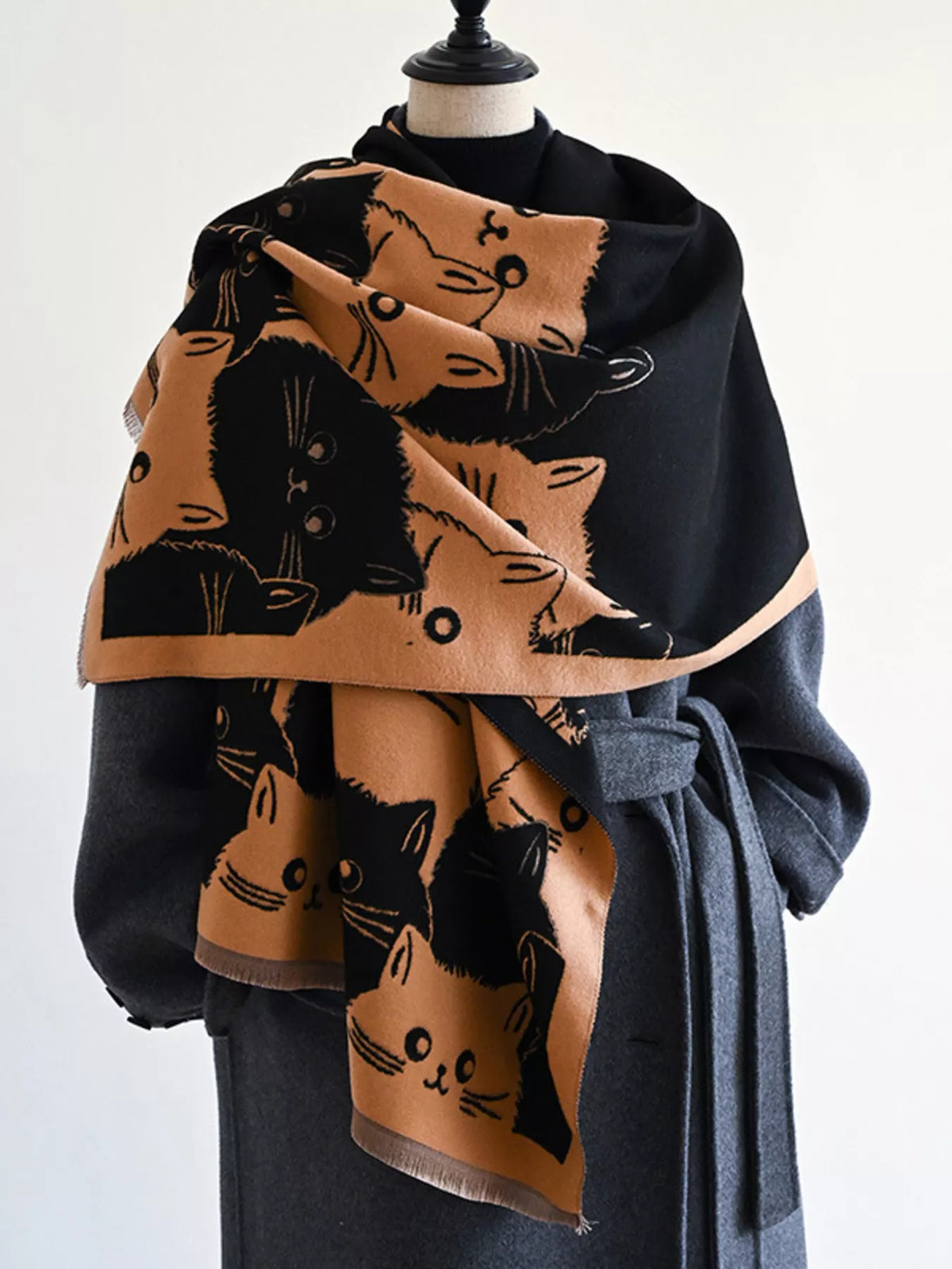 Cute Cat Pattern Knitted Wide Scarf with Contrast Border