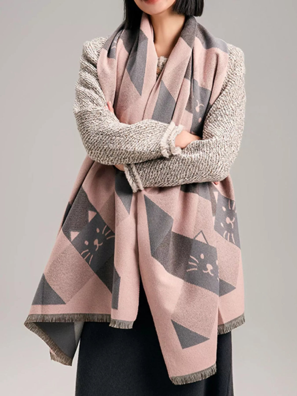 Cute Cat Plaid Raw Hem Scarf