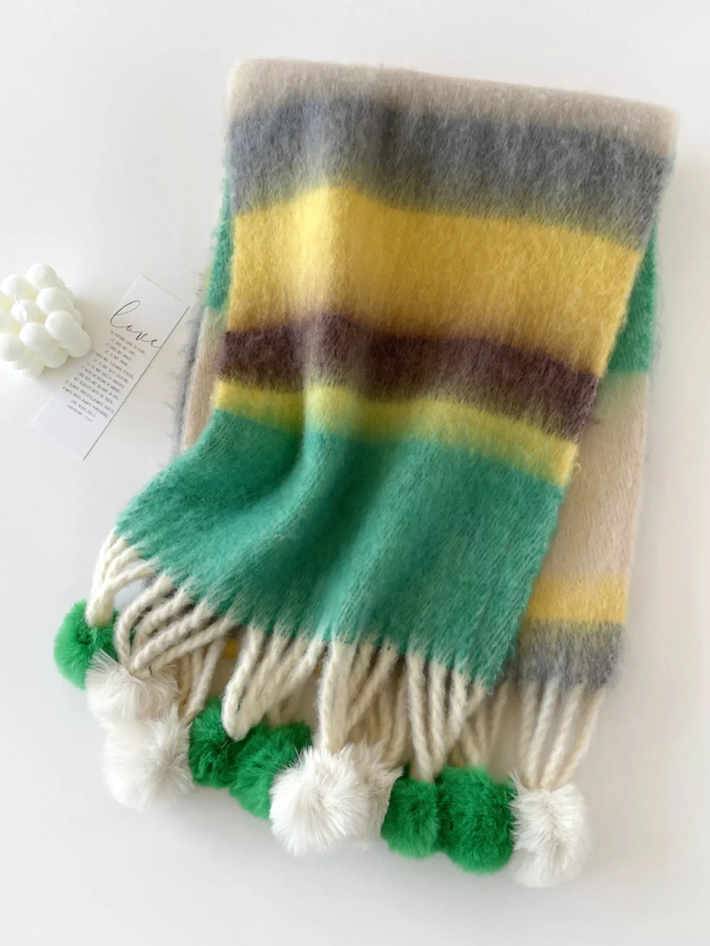 Rainbow Striped Fuzzy Pom Pom Scarf