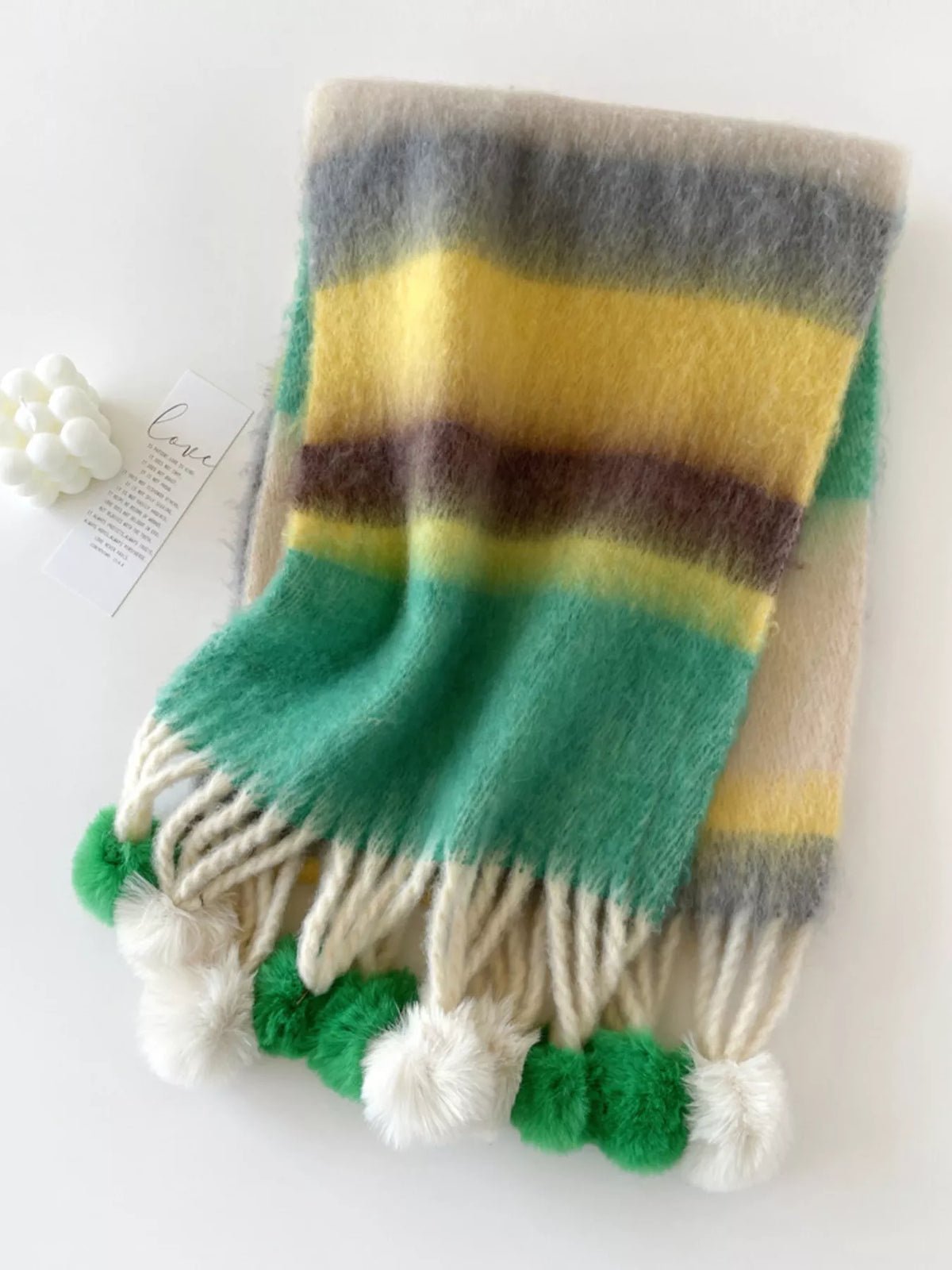 Rainbow Striped Fuzzy Pom Pom Scarf