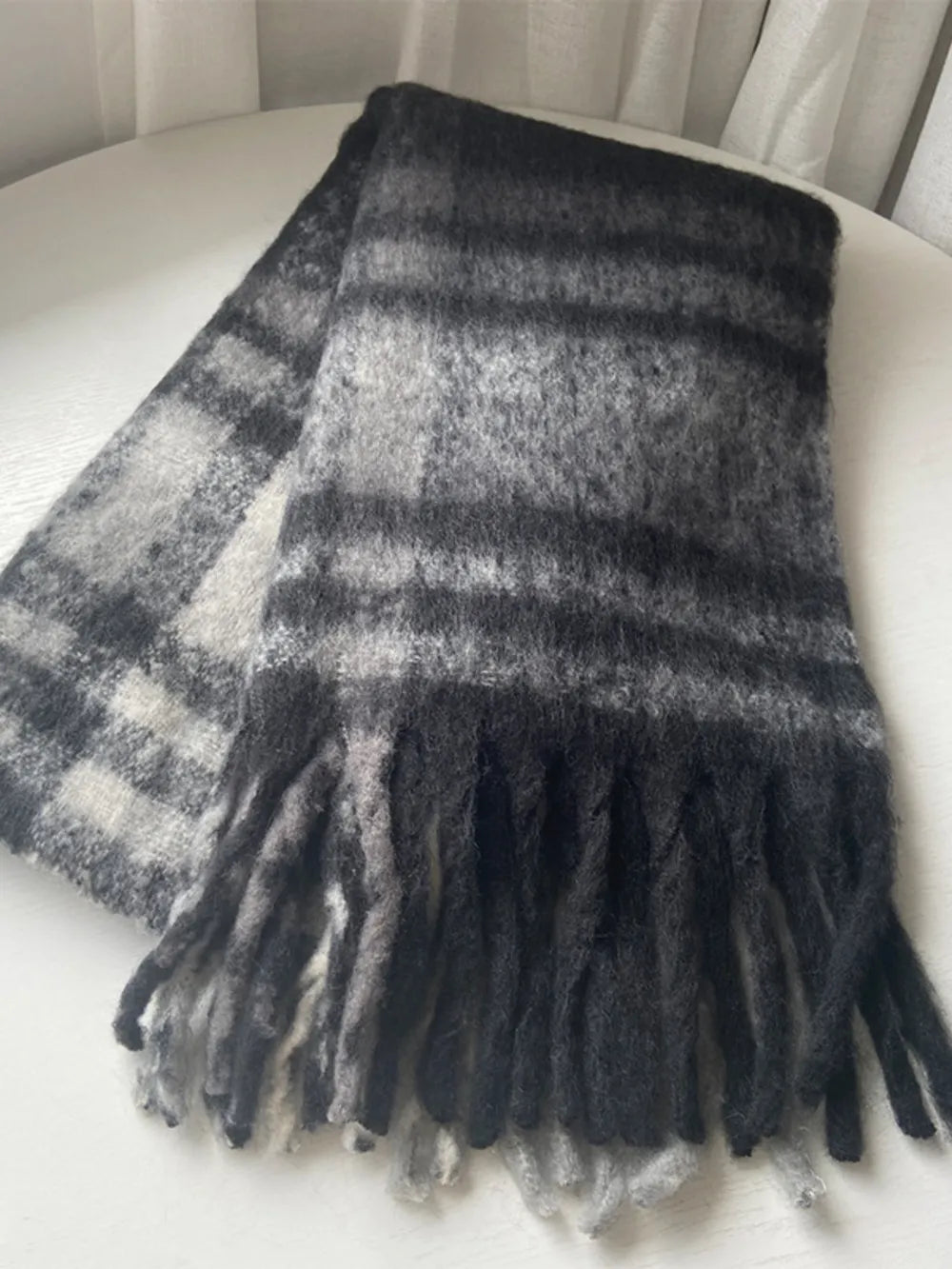 Extra Long Fringe Plaid Polyester Scarf