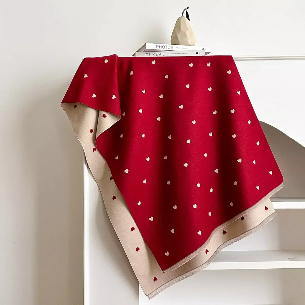 Heart Patterned Raw Hem Winter Scarf