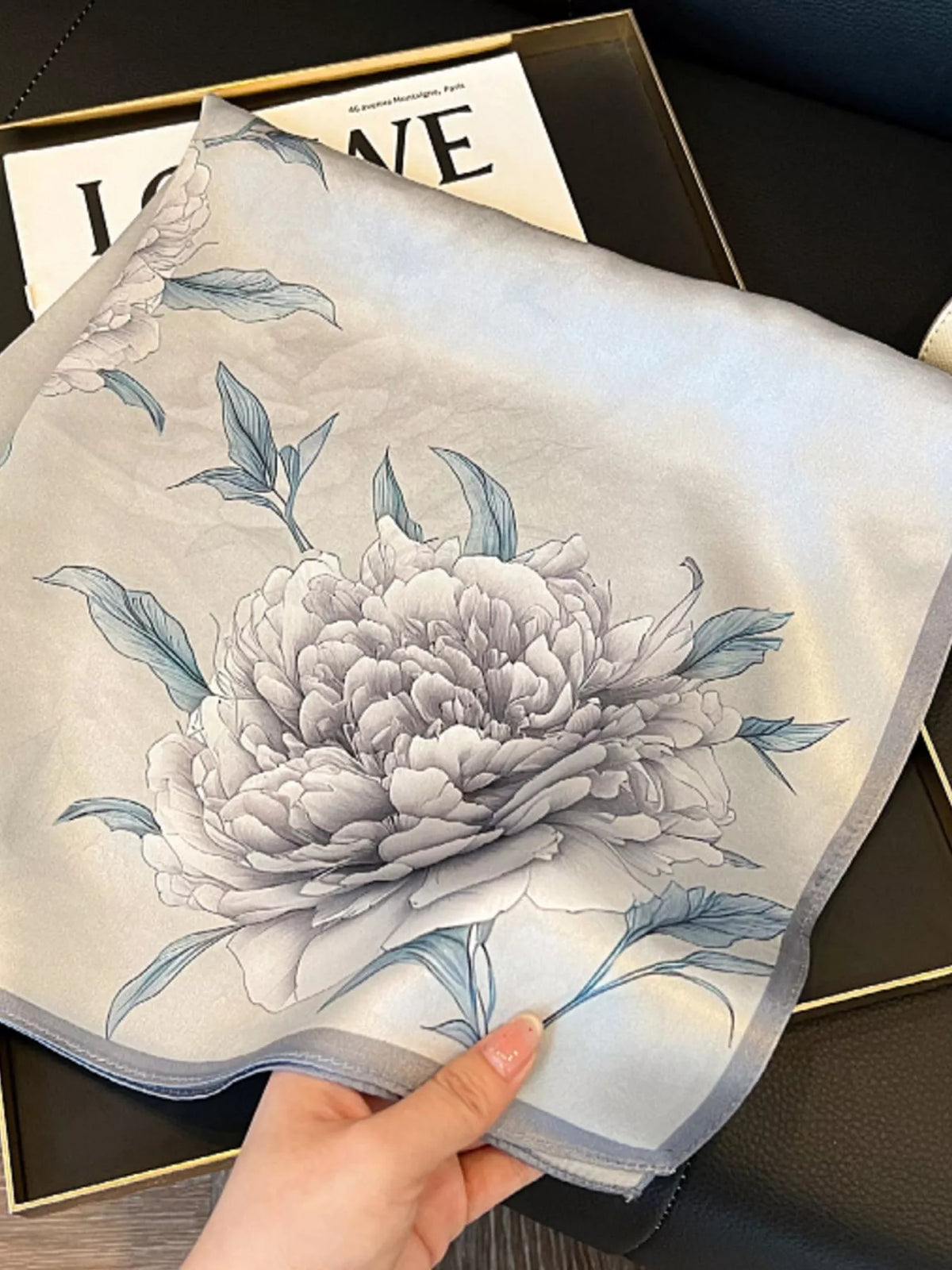 Light Gray Floral Print Silk Square Scarf
