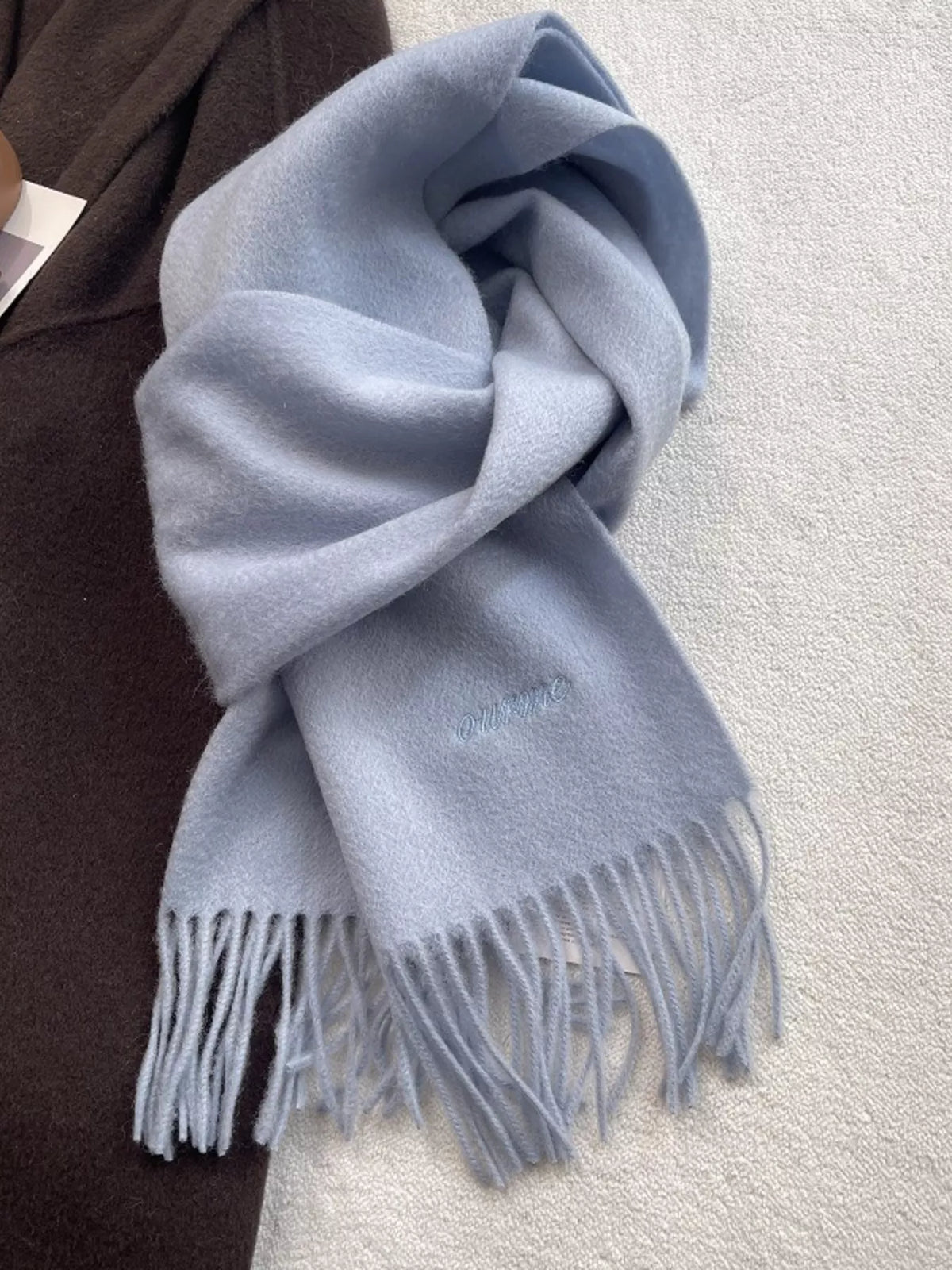 Blue Fringe Solid Color Wool Scarf