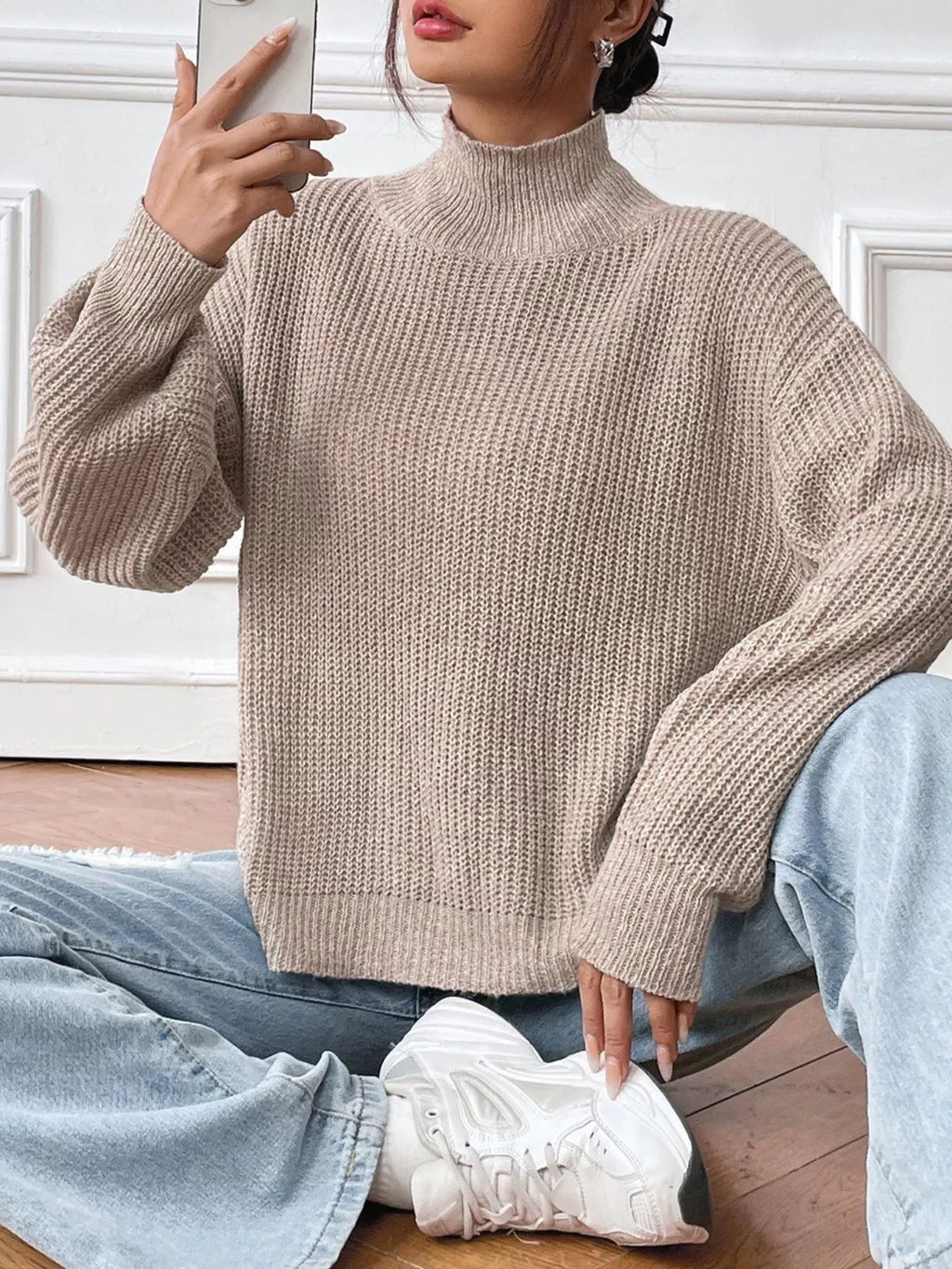 Cozy Knit Turtleneck Drop Shoulder Sweater