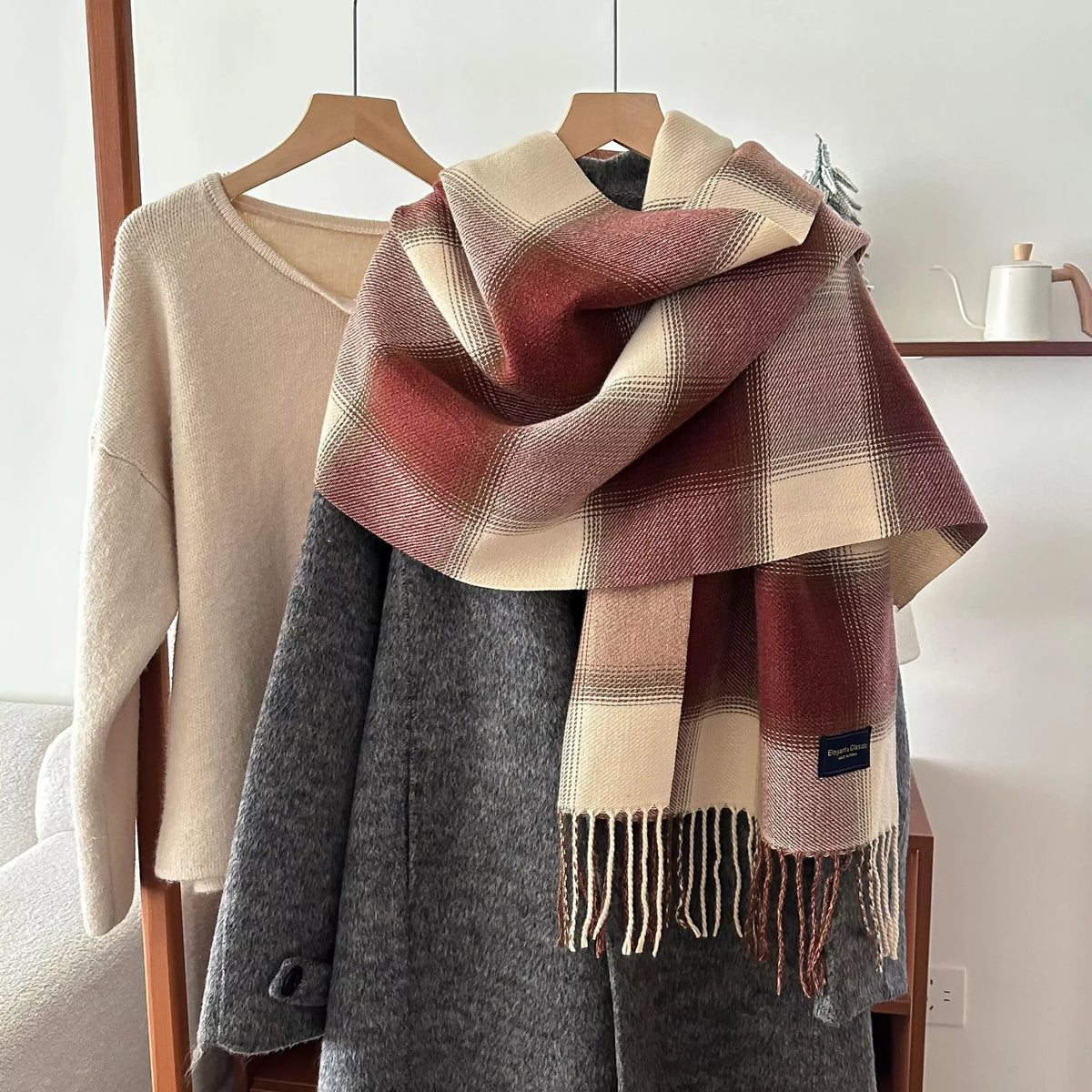 Pastel Color Block Plaid Fringe Scarf