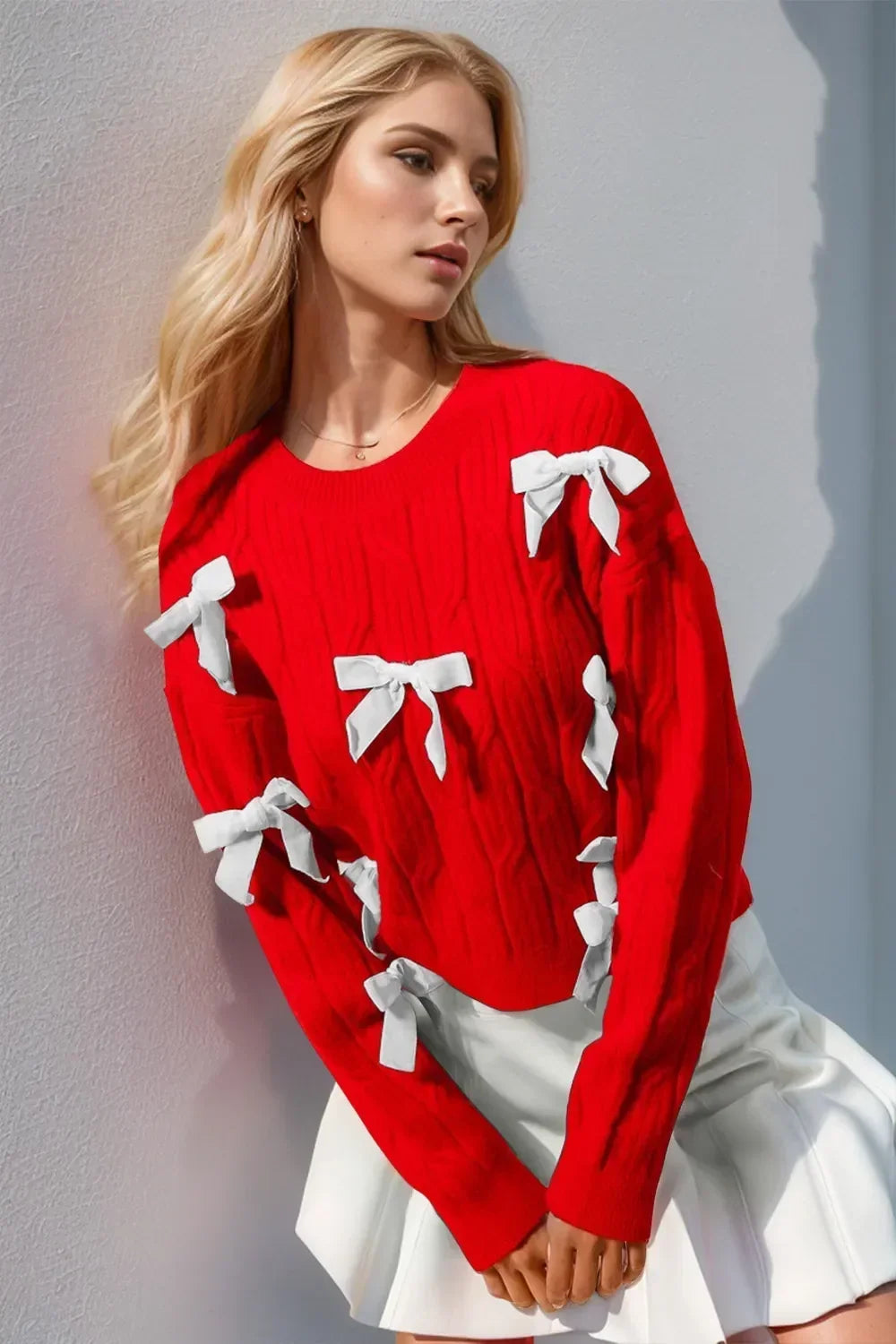 Bow Cable Knit Round Neck Sweater