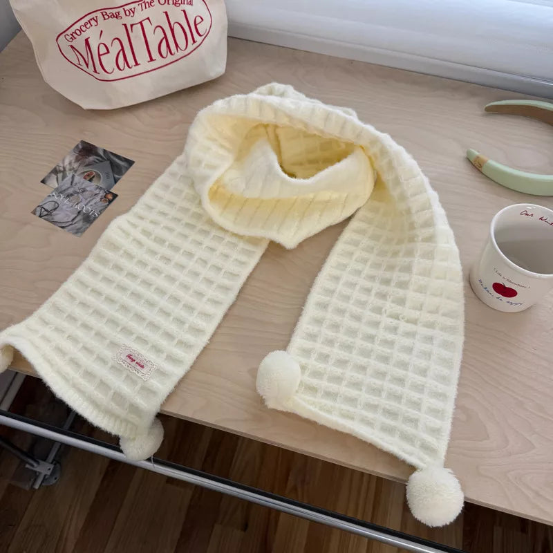 Soft Waffle Knit Pom-Pom Scarf with Label Patch