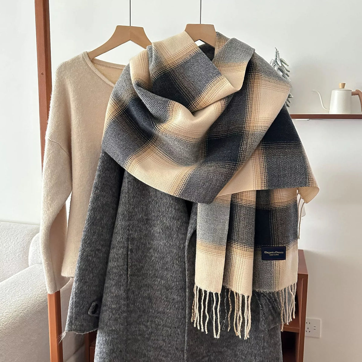 Pastel Color Block Plaid Fringe Scarf
