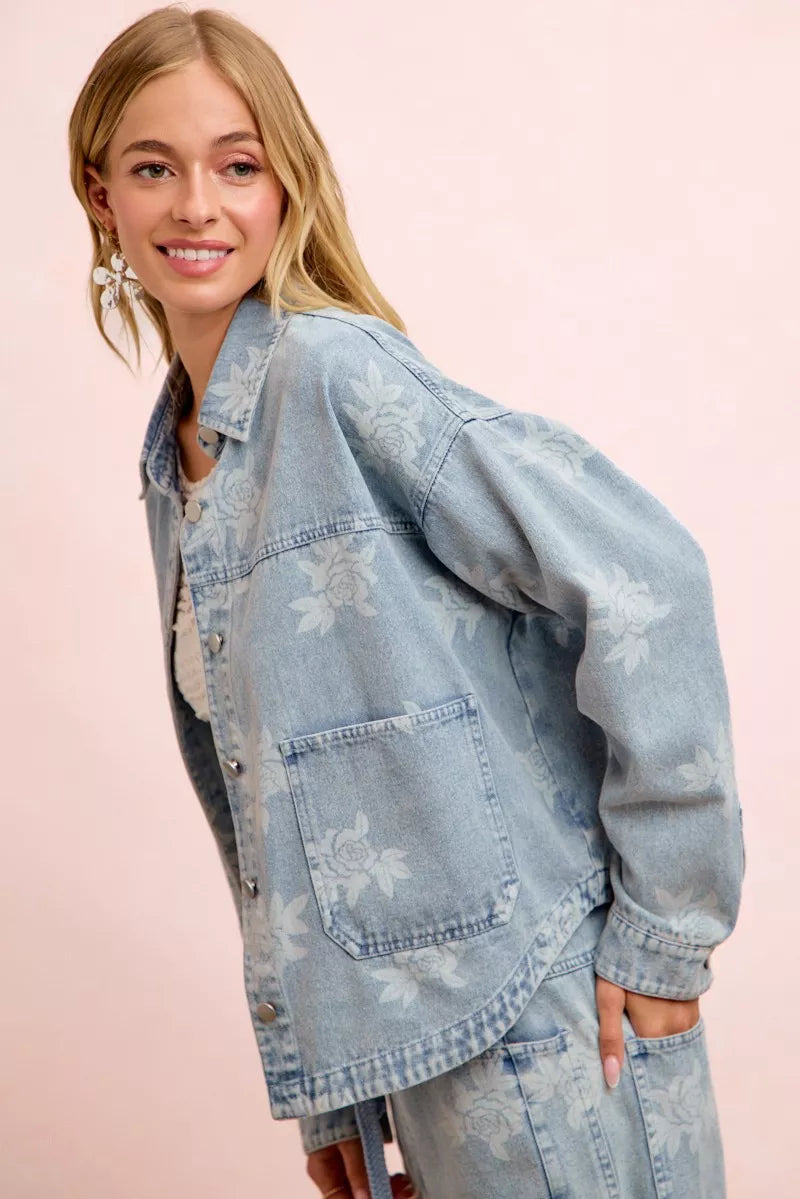 Floral Print Washed Denim Jacket