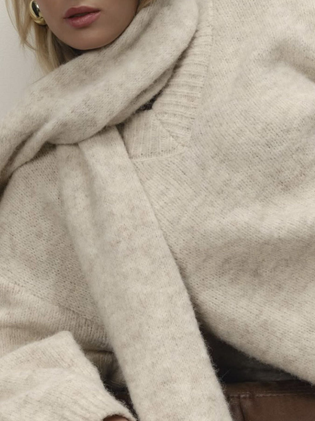 Oversized V Neck Dropped Shoulder Sweater with Scarf