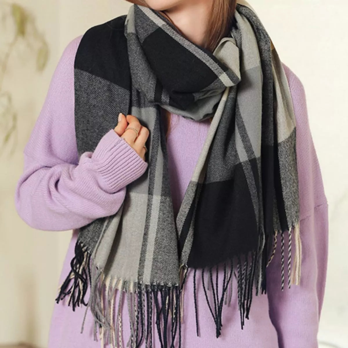 Two Tone Plaid Fringe Scarf