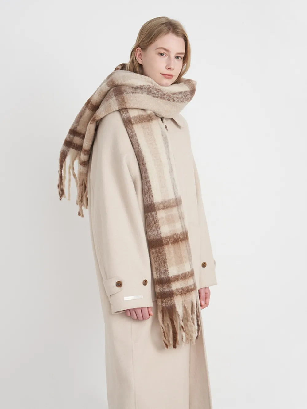 Extra Long Fringe Plaid Polyester Scarf