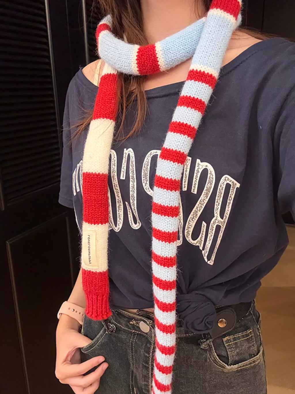 Red Striped Knitted Warm Skinny Scarf
