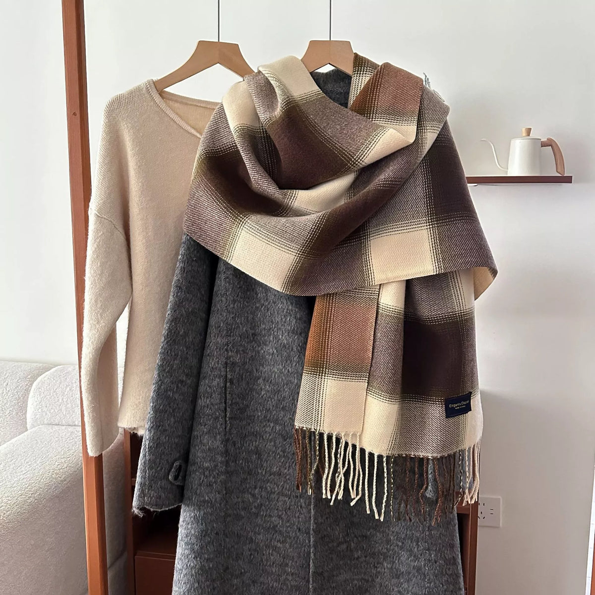 Pastel Color Block Plaid Fringe Scarf