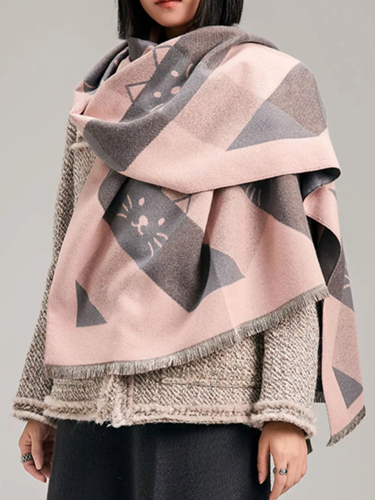 Cute Cat Plaid Raw Hem Scarf