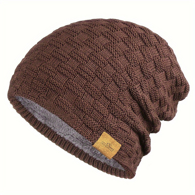 Pandaize W Patch Fleece Beanie - Coldproof Knit Hat for Autumn & Winter