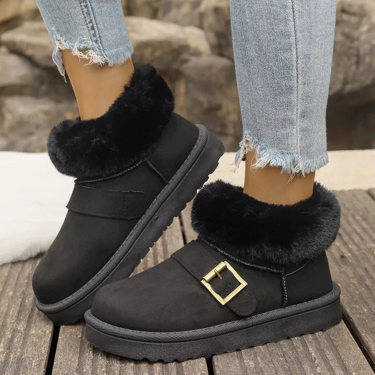 Fuzzy Trim Buckle Accent Winter Boots