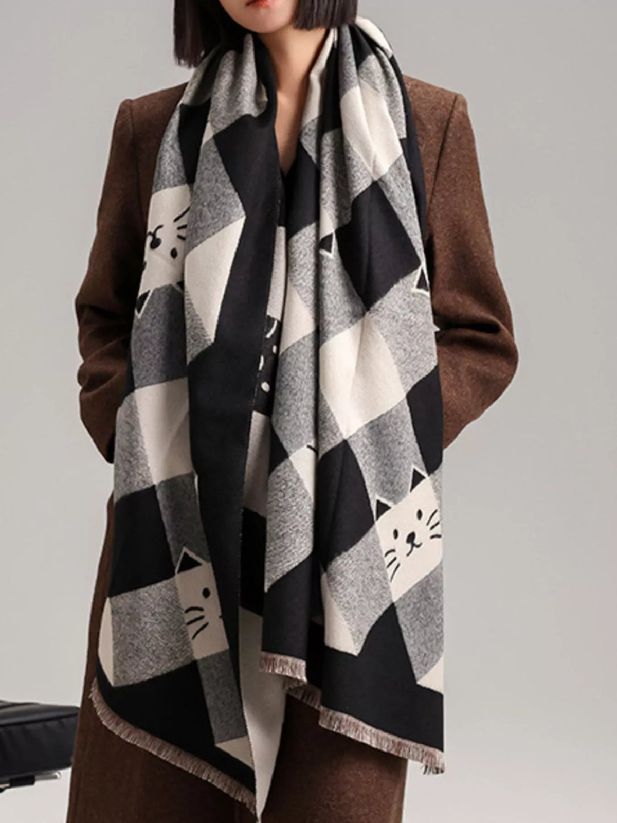 Cute Cat Plaid Raw Hem Scarf
