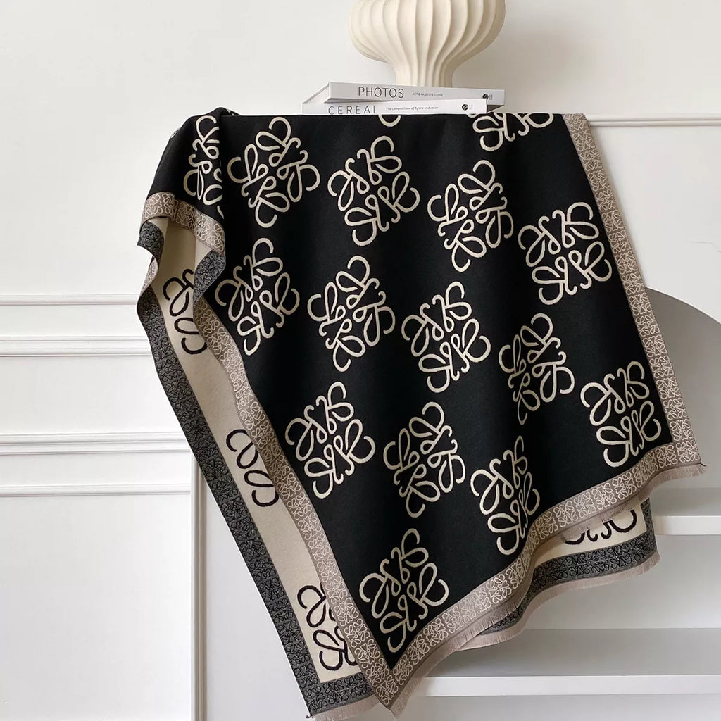 Black Printed Raw Hem Winter Scarf