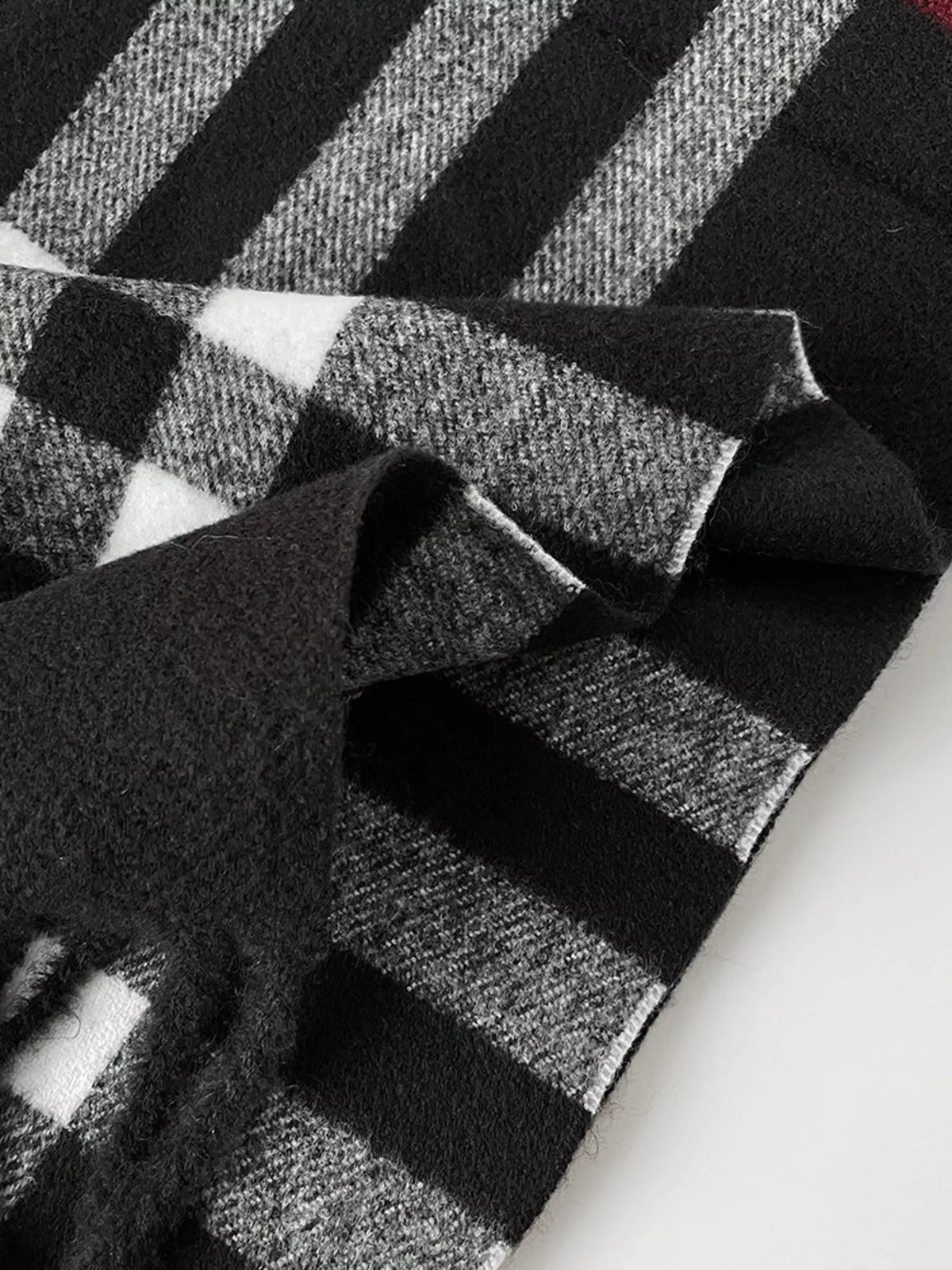 Classic Black Buffalo Check Plaid Fringe Scarf