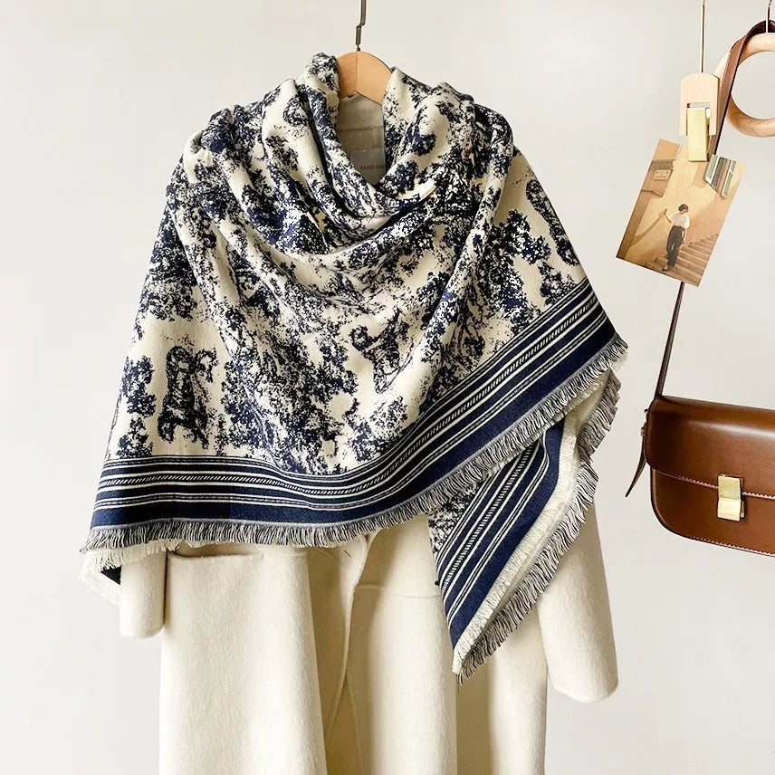 Peacock Blue Toile Printed Raw Hem Scarf