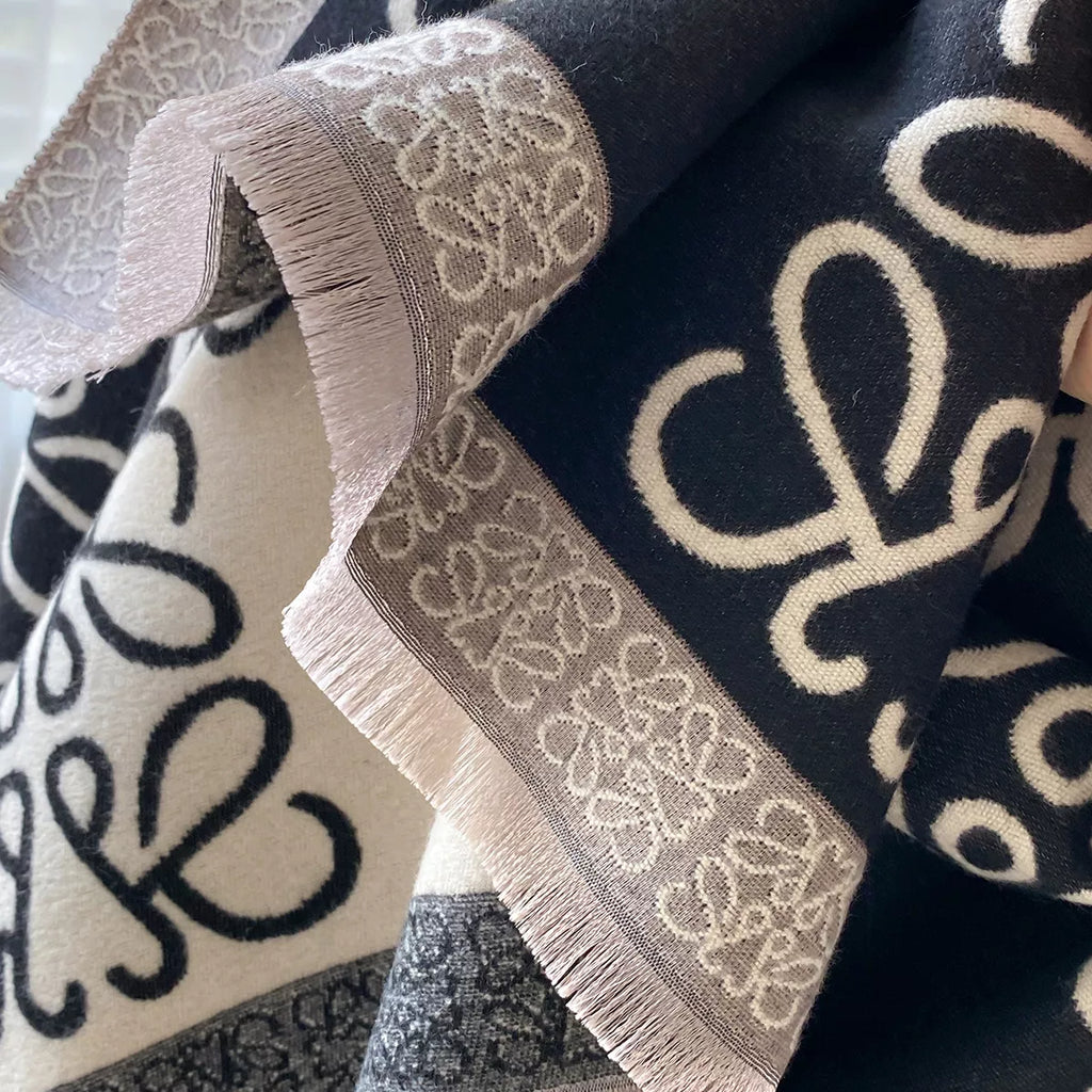 Black Printed Raw Hem Winter Scarf