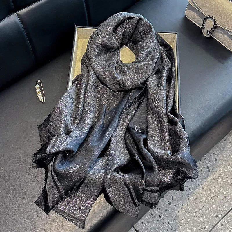 Raw Hem Lightweight Letter Jacquard Scarf