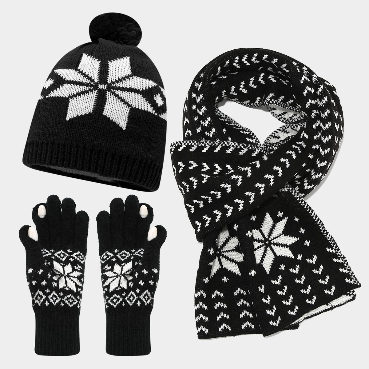 Cozy Snowflake Knit Hat, Scarf & Glove Set
