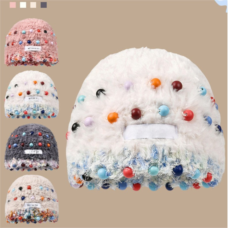 Fuzzy Knitted Beanie with Colorful Beads - Face-Flattering Winter Hat - Unisex Cute Headwrap Cap
