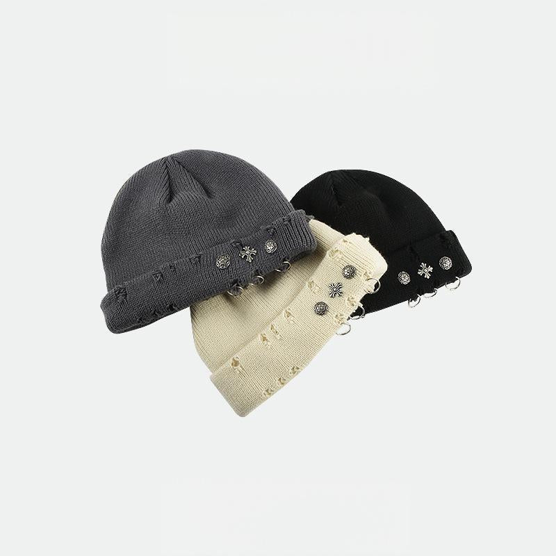 Vintage Cross Knit Beanie - Distressed Style, Punk Streetwear, Warm for Outdoor & Gatherings