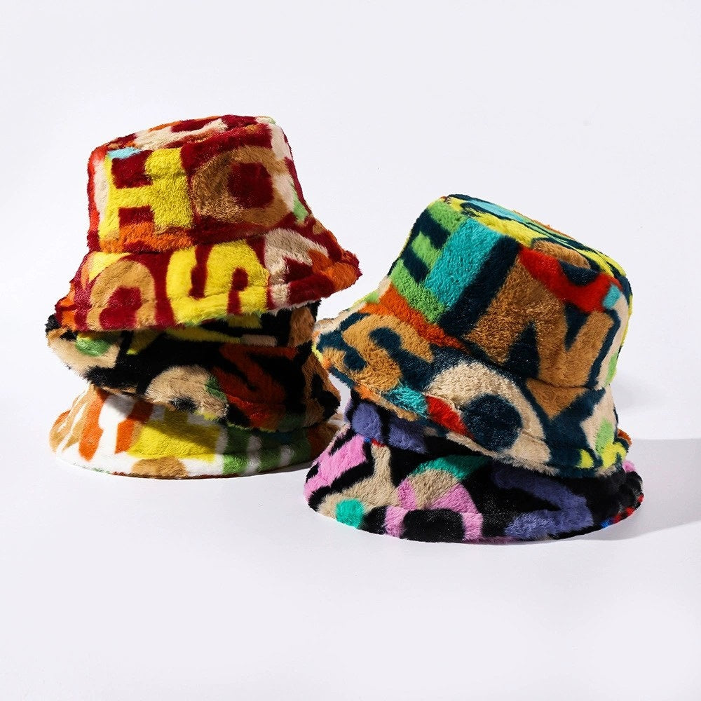 Autumn Winter Tie-Dye Letter Fleece Fisherman Hat – Thickened, Unisex for Skiing & Outdoor Commute
