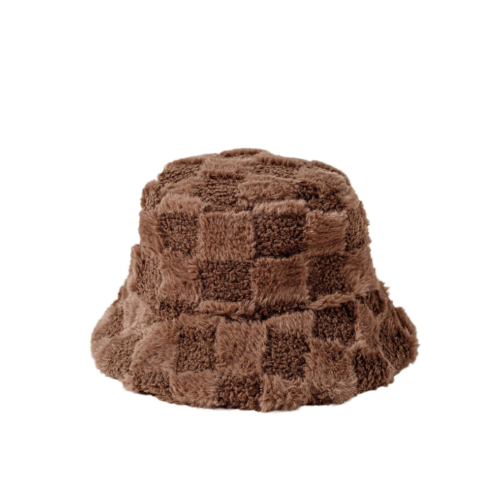 Autumn Winter Checkerboard Fleece-Lined Fisherman Hat - Long Pile, Thickened for Skiing & Outdoor Commute