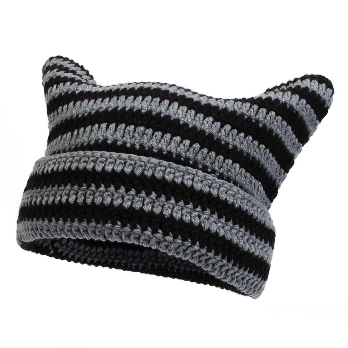 Hand-Knitted Striped Beanie - Colorblock Cotton Acrylic Blend Winter Hat - Stretchy Unisex Stocking Cap
