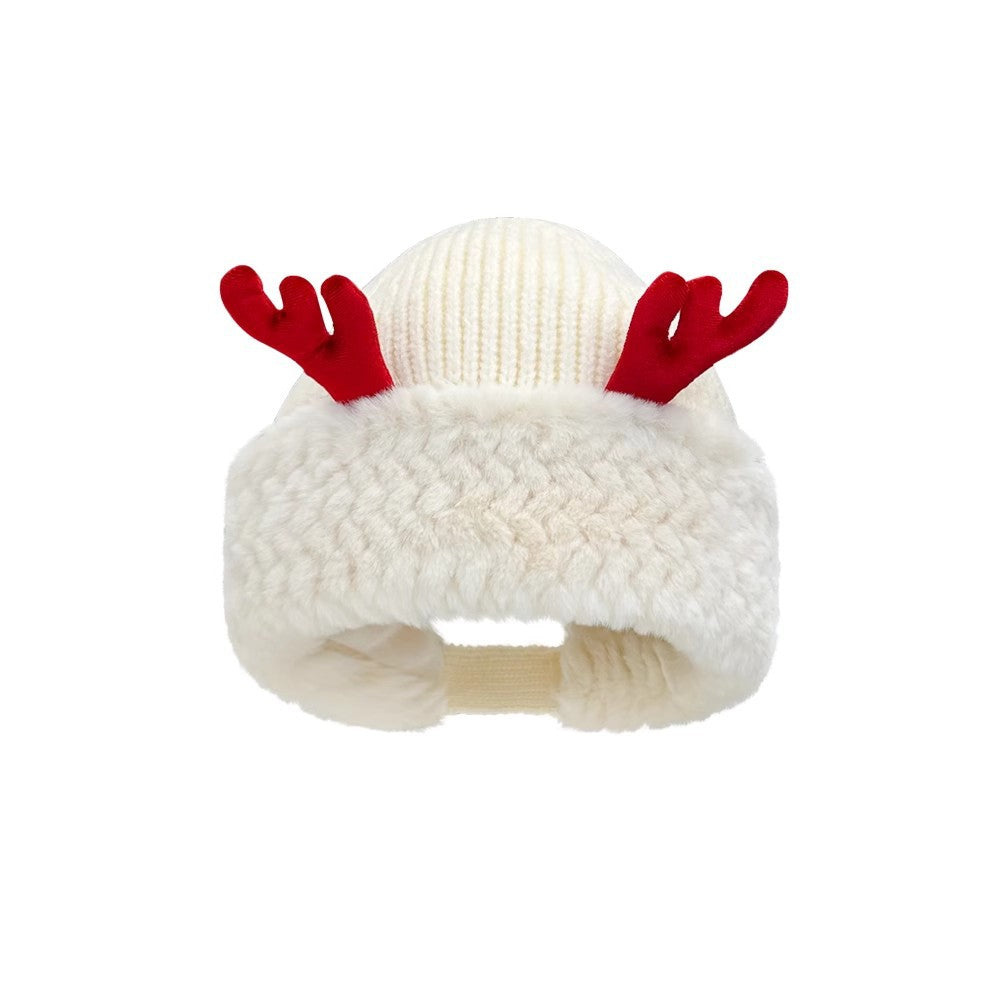 Winter Christmas Knit Beanie with Antlers - Faux Rabbit Fur, Wide Brim, Ear Warmers for Commute & Parties